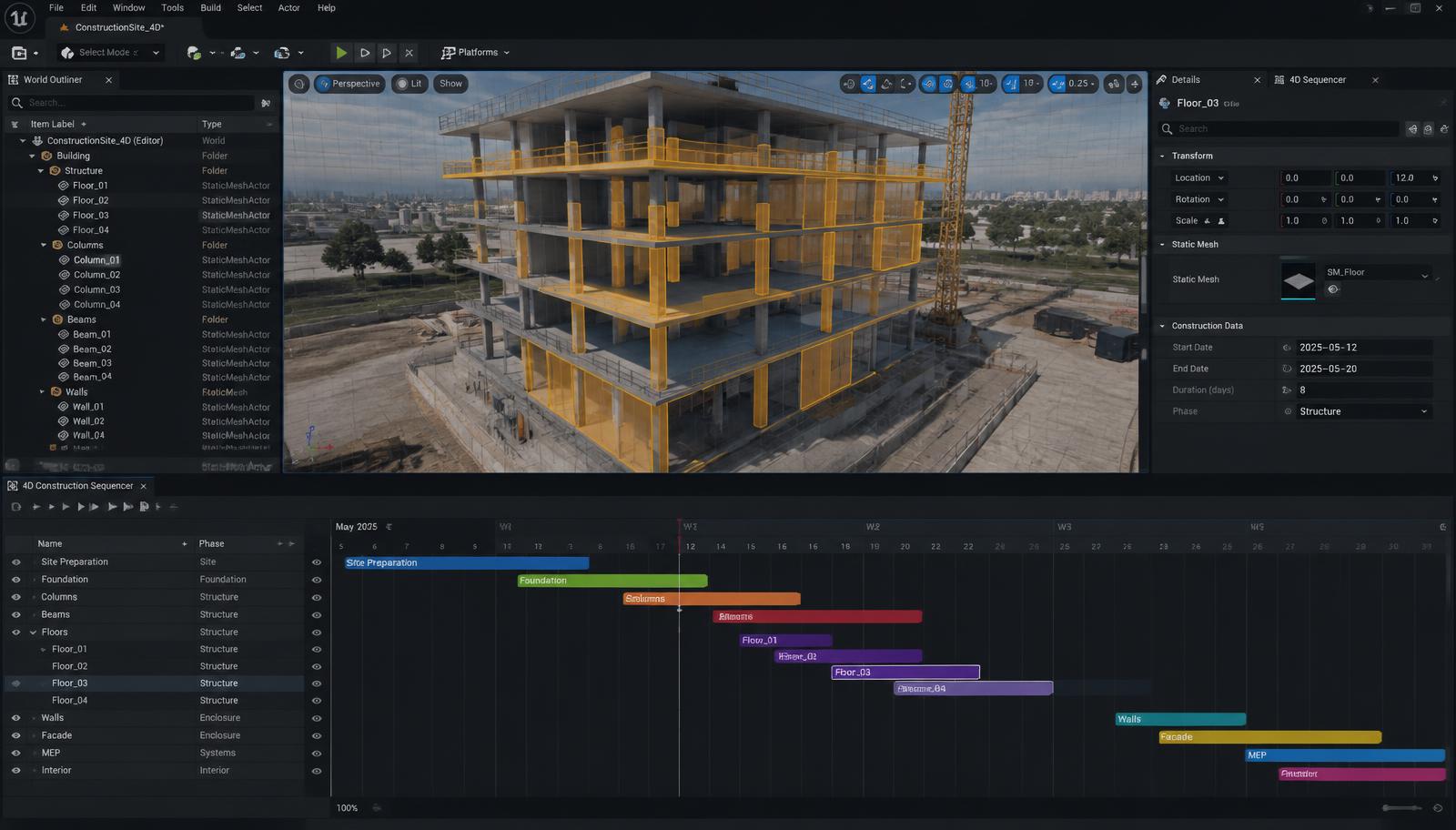 4D sequencer timeline inside the Unreal Editor